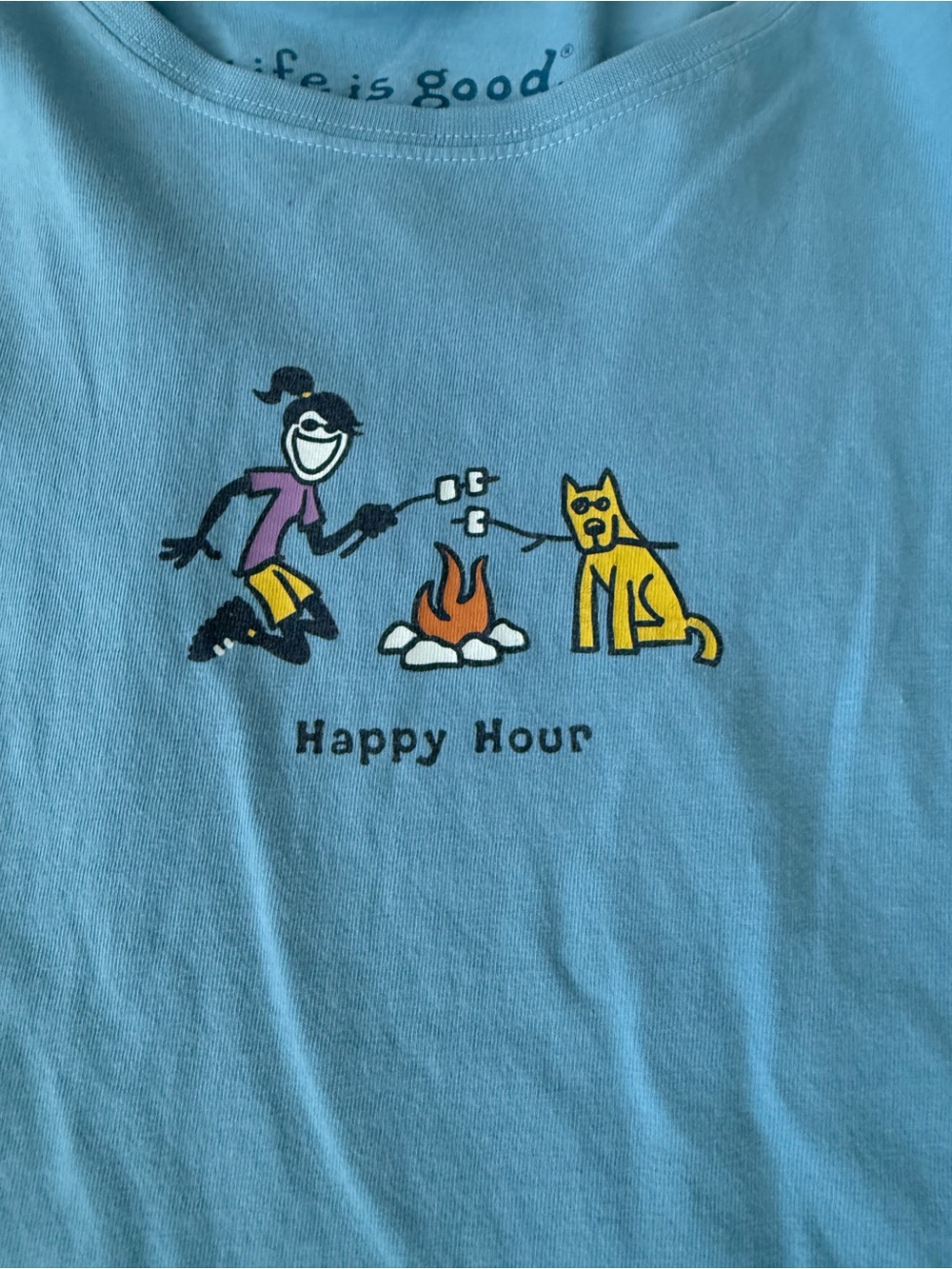Life is Good Happy Hour Camping Long Sleeve Womens Blue Tee Size XL E05 - Picture 2 of 8